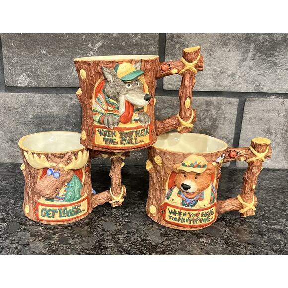(3) Enesco Moose Creek Crossing 3D Mugs 1995 Go Fishin’, Get Loose, Go Wild - Picture 1 of 14